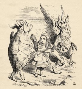 लुईस कैरोल द्वारा &39;ऐलिस एडवेंचर्स इन वंडरलैंड&39; से ग्रिफ़ॉन और मॉक टर्टल के साथ ऐलिस, 1791 में प्रकाशित द्वारा जॉन टेनिएल